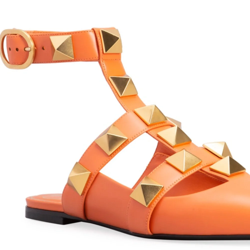 NIB $1100 VALENTINO Roman Stud Ankle-cuff Leather Ballerinas In Orange Zest 37.5
